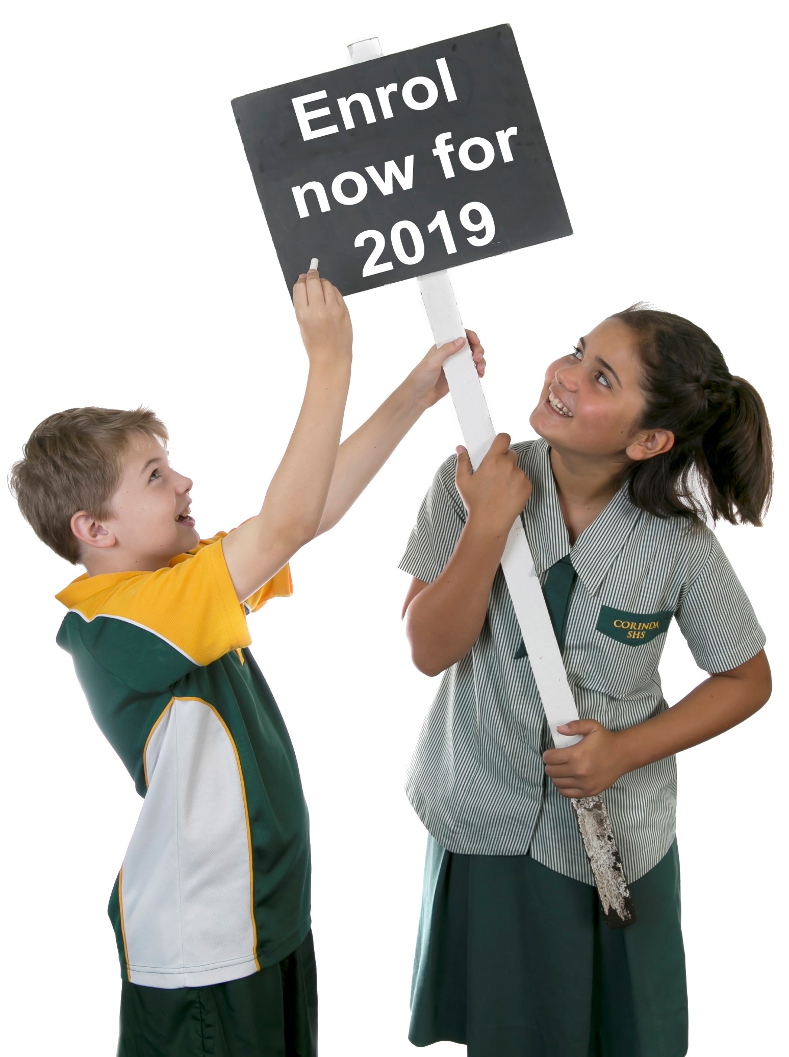 Students holding sign 'Enrol now for 2019'